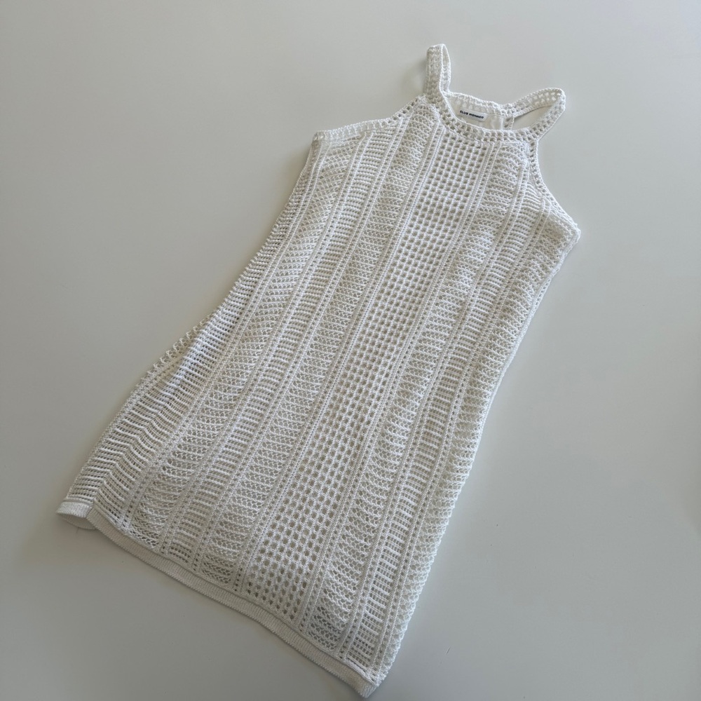 Club Monaco-Crochet White Lined Mini Dress-Cruise-Vacation-Beach-Costal-Size M